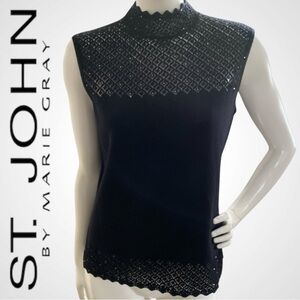 ST JOHN EVENING Black Knit Mock Neck Sleeveless Top Scalloped Crochet Sequin - S